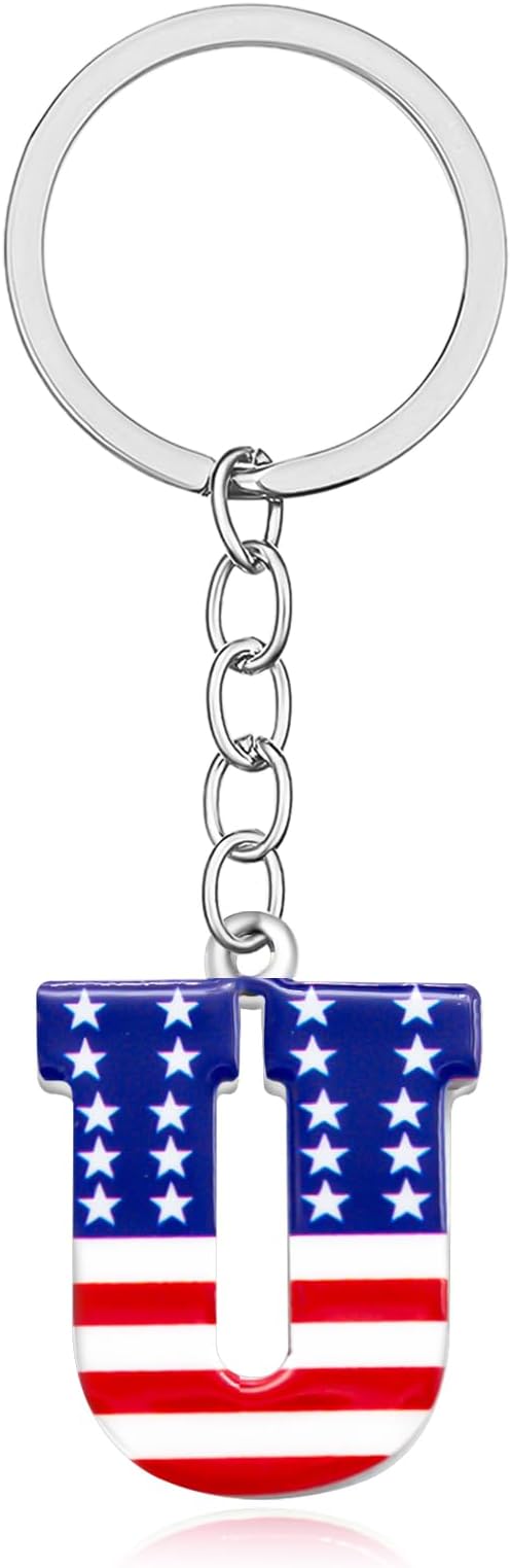 Nanafast4th of July Initial Keychain Stainless Steel American Flag Letter Keychain Patriotic Charm for Independence Day