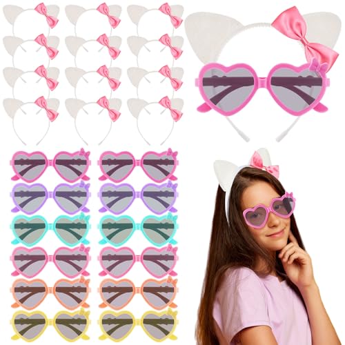 Wavyknot 24 Pcs Kitty Cat Ears Headband Birthday Party Gifts Kitten Bow Heart Sunglasses Party Decorations for Women Costume(Cool Style Multicolor)