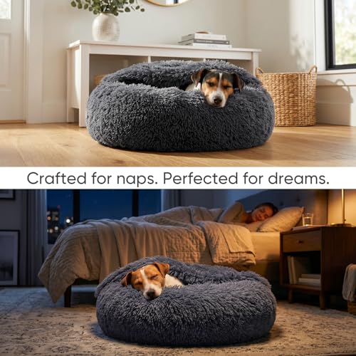 Image of Himax Medium Dog Bed, Round Dogs Beds with Blanket Attached, Comfort Fluffy Calming Dog Bed Washable (20 inch /26 inch /35 inch) Deep Grey