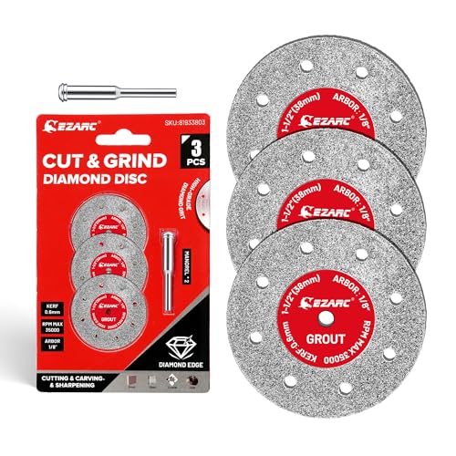 EZARC 1-1/2 Diamond Cutting Wheel for Cutting Sharpening Carving 0.6mm Kerf 1.5 x 1/8 Tile Cutting Wheel 3-Pack Rotary Tool Cutting Disc Accessories Include Mandrel