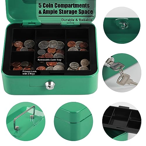 Sgorlds Medium Large Locking Cash Box with Removable Coin Tray, Portable Safe Metal Money Box with Key Lock,Petty Small Money Organizer for Cash with Double Layer & 2 Keys, 7.87\"x 6.30\"x 3.54\", Green
