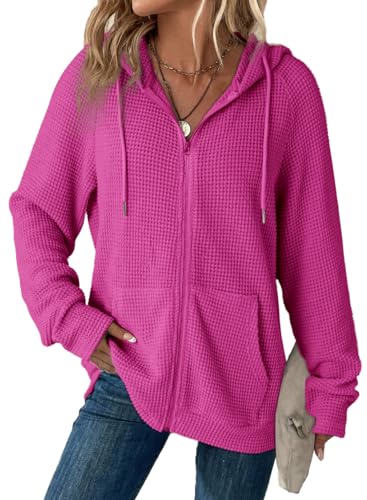 Dokotoo Zip Up Hoodies for Women Sweatshirts Solid Color Casual Long Sleeve Hooded Sweatshirt Pockets Waffle Knit Sweatshirt Jacket for Women Teen Girls 2026 Fashion Early Fall Clothes Small Rose