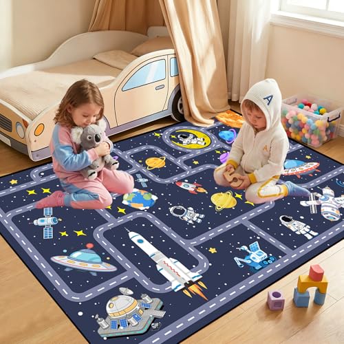 FTBNIQWRHN Outer Space Rug for Boys Room 2.5x4 Feet Non-Slip Kids Rug with Roads and Tracks Solar System Planet Play Mat Galaxy Area Rugs for Bedroom Playroom Educational Floor Carpet