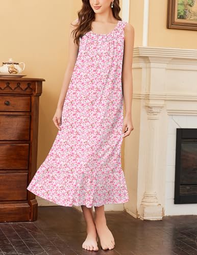 Image of Ekouaer 2 Pack Nightgowns for Women Sleeveless Long Night Gowns Victorian Nightdress with Pockets Soft Ladies Gown