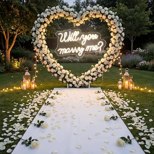 Breling 6.6ft Large Metal Heart Arch Stand and Will You Marry Me LED Neon Light Sign Backdrop for Outdoor Proposal Wedding Engagement Bridal Valentine and Birthday Party Decor(White)