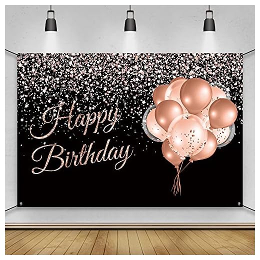 AWERT 1,8x1,1m Happy Birthday Banner Black and Rose Gold Glitter Balloons Sign Poster for Birthday Party Decoration Banner Baby Shower Birthday Party Cake Table Banner Party Supplies