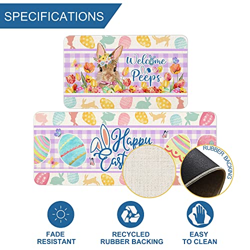 Easter Kitchen Mat, Happy Easter Kitchen Rugs, Easter Bunny Eggs Tulips Kitchen Mats For Floor Non Slip Set Of 2 Piece Holiday Spring Gifts For Home Office Laundry Decorations, 17X29+17X47 Inch #TOP2