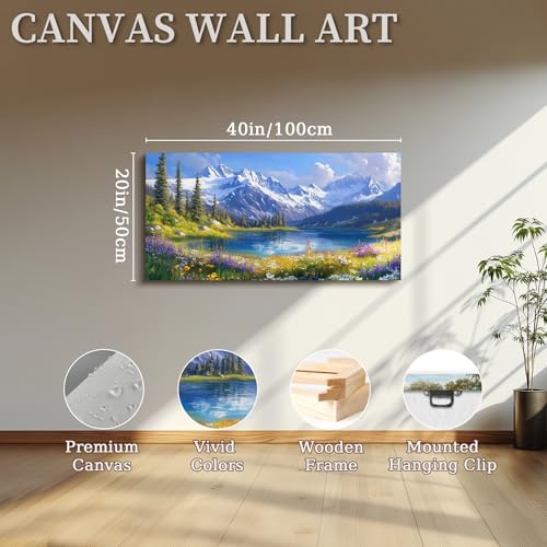 crmotu Mountain Lake Wall Art, Natural Landscape Large Wall Decor, Forest Meadow Wildflower Canvas Prints, Country Charm Pictures for Living Room Bedroom Kitchen, Rustic Farmhouse Decor 20x40 Inch