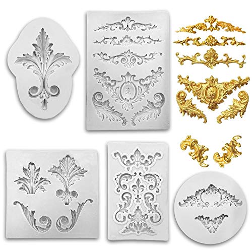 5Pcs Baroque Silicone Fondant Molds Filigree Mold 3D Sculpted Flower Cake Molds for Decorating Candy Polymer Clay Sugar Craft