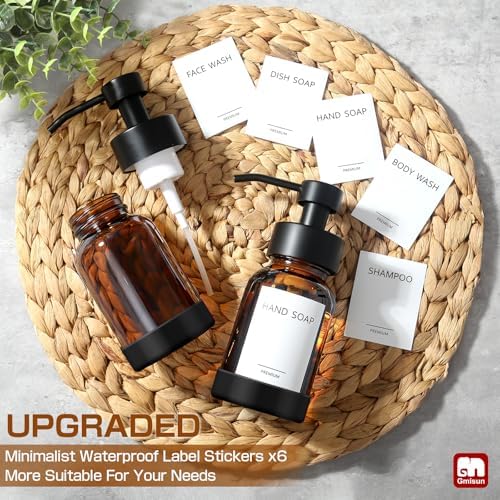 GMISUN Amber Foaming Soap Dispenser, 8.5 Fl oz Amber Glass Foam Hand Soap Dispenser for Bathroom & Kitchen, 2 Pcs Modern Refillable Foaming Soap Dispensers, Foam Pump Bottle with Label & Silicone Boot — view 4