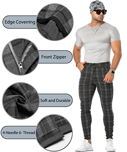 Canghpgin Mens Casual Pants Slim Fit Stretch Dress Pants Tapered Skinny Checkered Business Fashion Plaid Pants Grey #TOP4