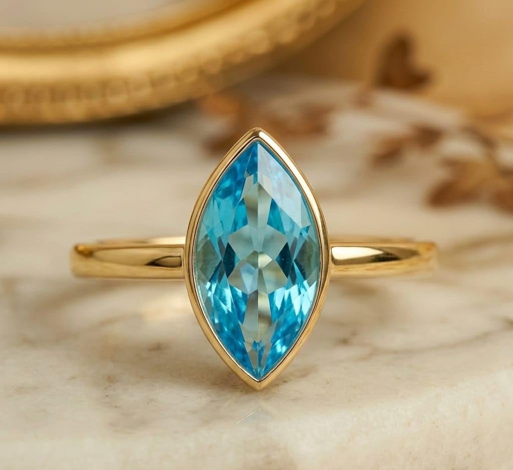 Marquise Cut Blue Topaz Solitaire Ring in 14K Gold Plated Silver Women Ring Handmade Jewelry GMR144