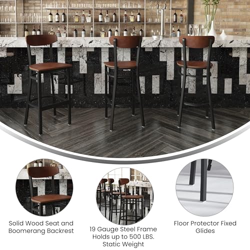 Image of Flash Furniture Wright 2 Pack Commercial Barstools - Walnut Finish Wood Seat and Boomerang Back - 500 LB. Capacity Black Steel Frame - Integrated Footrest