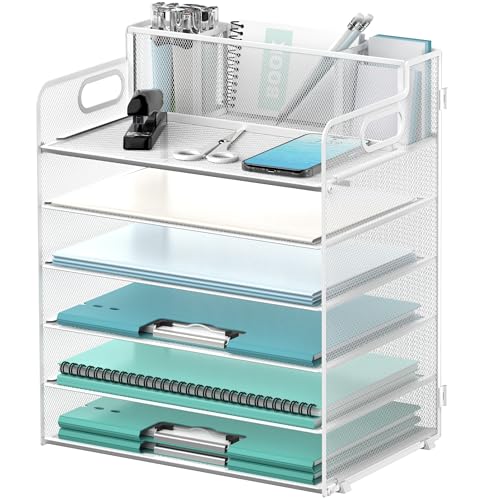 DALTACK Organizador de papel para mesa com 3 porta-canetas, bandeja organizadora de mesa de 6 camada