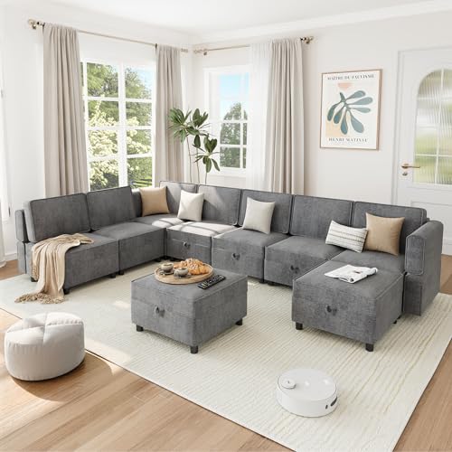 GAOMON 139.4" Chenille Reversible Sectional Sofa, 9-Seater Modular Sectional Sofa, Comfy Sectional Sleeper Sofa Couch with Chaise, U-Shape Modular Couch with Storage Seats & Ottomans, Grey