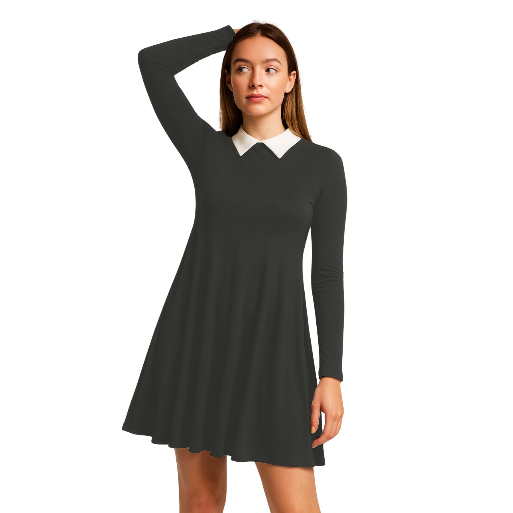 Hamishkane® Ladies Peter Pan Collar Swing Dress, Long Sleeve Skater Top, Classic A-Line Fit & Flare Style, Vintage Halloween Party Outfit, UK Size 8-26 Charcoal