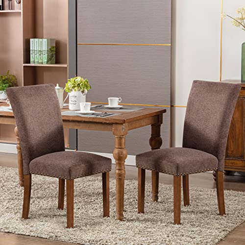 Upholstered Fabric Dining Chairs Set Of 2, Parsons Dining Room Kitchen Side Chair With Nailhead Trim And Wood Legs - Brown #TOP1