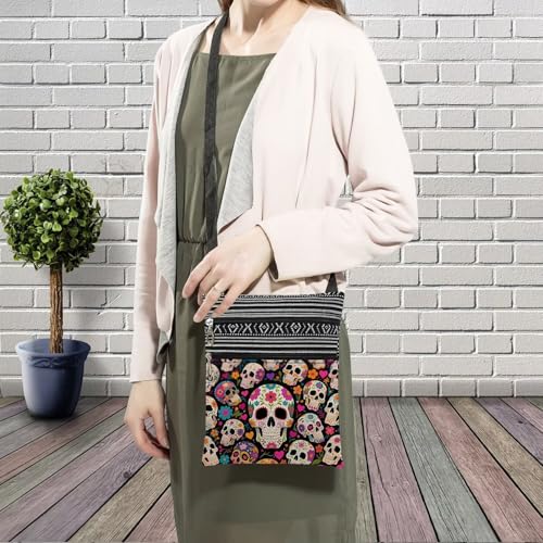 Floral Skull Messenger Bag Small Ethnic Pattern Adjustable Strap Crossbody Zipper Pouch Floral Skull Phone Organizer Wallet Cute Shoulder Handbag for Women Friends-33