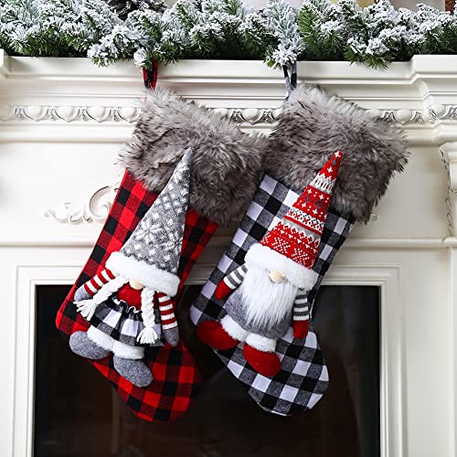 Red Truck Christmas Stockings 2 Pack, Large Christmas Gnomes Stocking Red and White Plaid Xmas Stockings Fireplace Hanging Xmas Navidads Ornamentos Decoraciones Cover