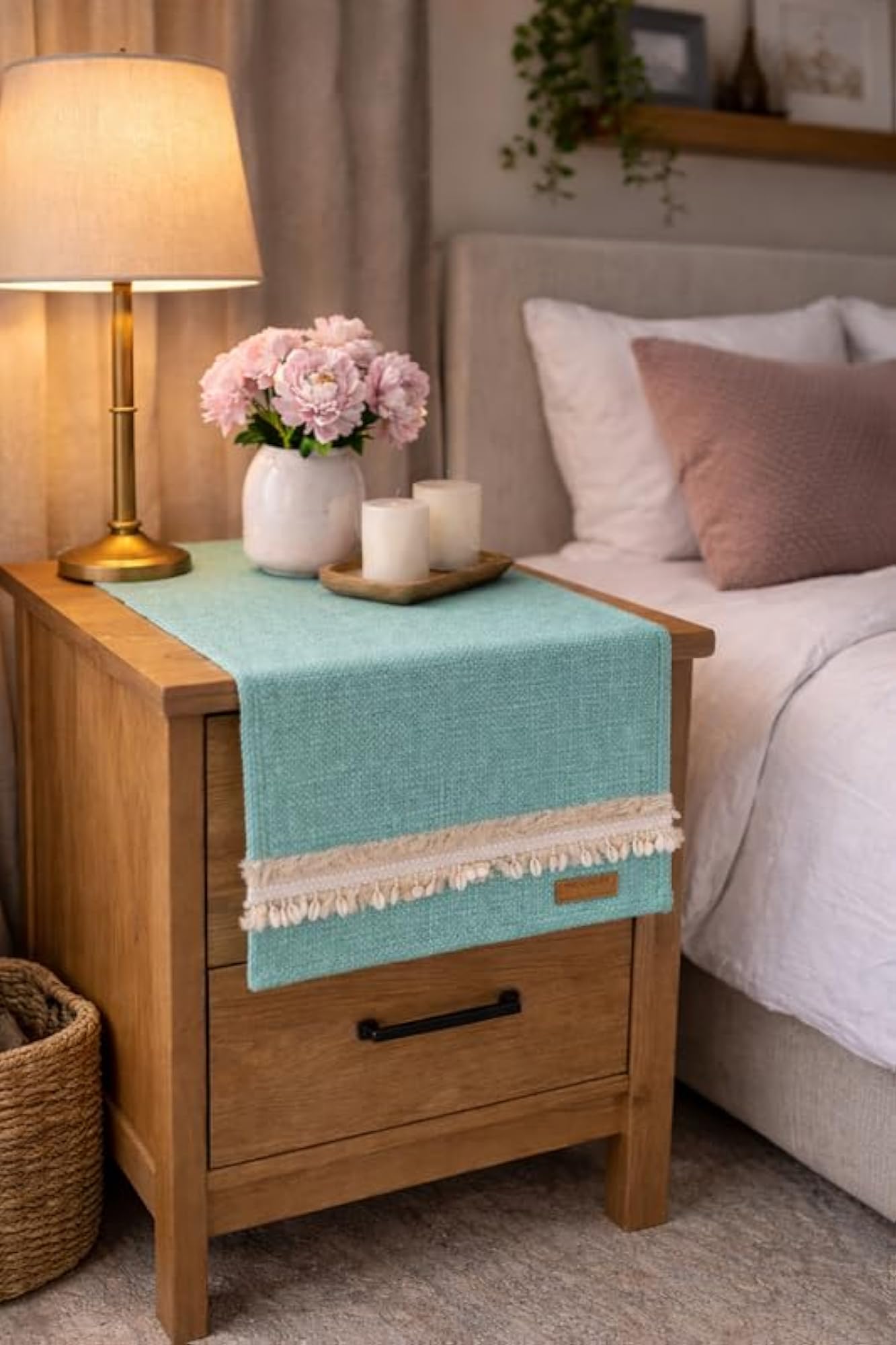 Cotton Mint Green Kowri Bedside Table Runner 14x34 Inches