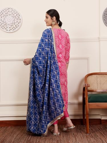 Image of SAVI Women's Chanderi Silk Bandhani Printed Kurta Set with Pure Cotton Bottom & Dupatta | Ethnic Straight Kurti Suit Set for Festive & Casual Wear