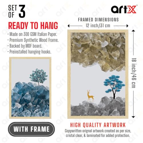 Image of ArtX Paper Modern Art Wall Painting For Living Room, Drawing Room Decoration Big Size, Framed Painting for Wall Decoration, Wall Decor For Bedroom, Multicolor, 36.0 x 18.0 inches, Set Of 3