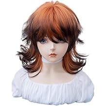 Orange Black Ombre Mullet Wigs for Men Women Short Layered Wolf Cut Wig with Bangs Natural Looking Heat Resistant Synthetic Wigs for Daily Use