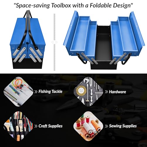 Image of Plantex Metal Tool Box /Tools Box With Large Capacity /Empty Tool Box /Tool Organizer For Carpenter, Garage, And Home Essential Tools - 5 Compartments - (Blue & Black)