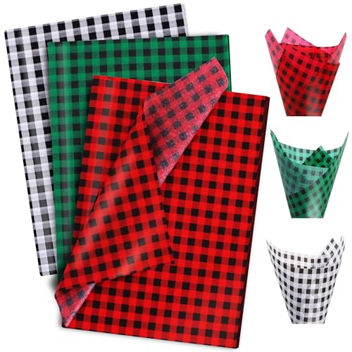 BEISHIDA 90 Sheets Christmas Gingham Tissue Paper Bulk,Red Green Black Buffalo Plaid Wrapping Tissue Paper for Gift Bags, 14 x 20 Inch Gift Wrap for Party Decoration DIY Crafts Decor Holiday Flowers