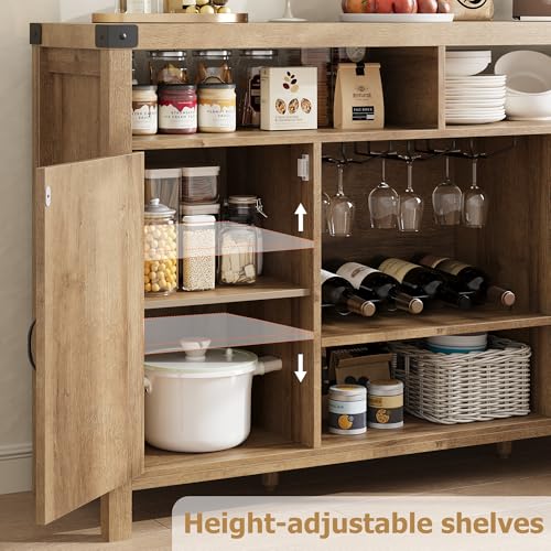 Farmhouse 59" Sideboard Buffet Cabinets with Wine Rack,Modern Coffee Bar Cabinet for Home Liquor, Kitchen Storage Cupboard with Door, Sideboard for Dining Room, Living Room,Restaurant,Wood Color