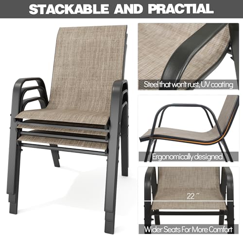 Image of Patio Chairs Set of 8, Stackable Outdoor Dining Chairs for All Weather Textilene Fabric & Metal Frame, Outdoor Chairs Set for Backyard Deck Garden (Brown, Set of 8)