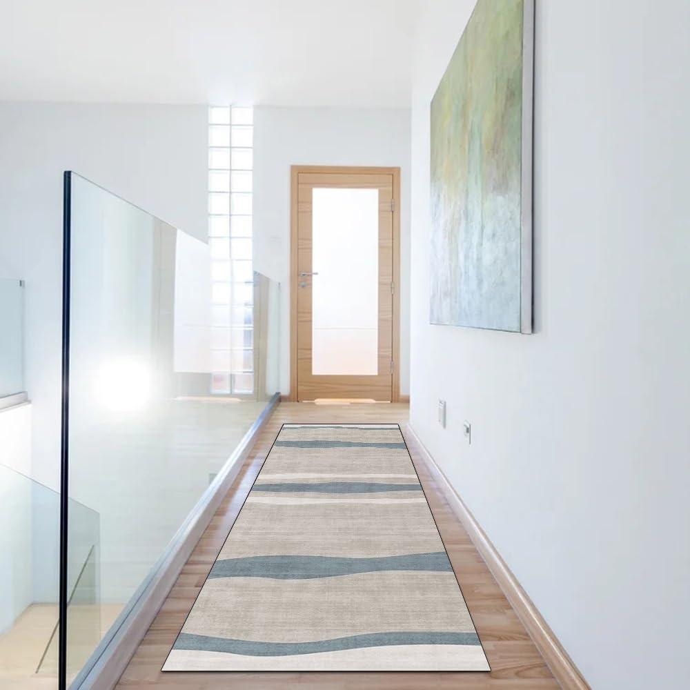 Teppichflur Küchen Meterware rutschfest Grau Blau Abstrakt 60x280CM Teppich Läufer Flur Lang Waschbar Teppichläufer Korridor Polyester Wohnzimmer Schmutzfangmatte