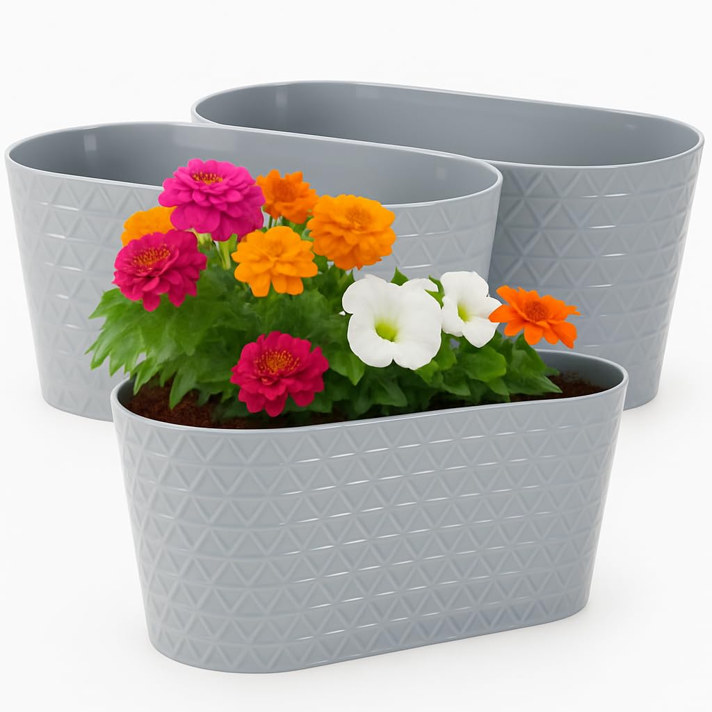 Home Garden Ornaments Oval Long Indoor Plant Pots 23 cm – Pearly Herb & Succulent Planter Pots, Decorative Window Flower Pots, Grey
