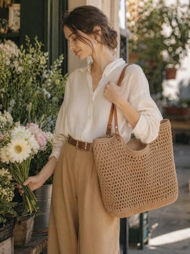 Image of TeeYee Boho Crochet Summer Handbag Handmade Cotton Rope Knit Shoulder Bags for Women Bohemia Tote for Travel