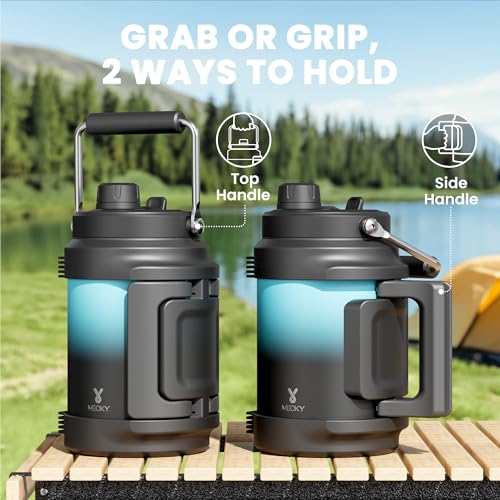 Image of 64 oz Insulated Water Bottle for Gym: Meoky Triple Wall Vacuum Stainless Steel Half Gallon Water Jug - Top and Side Handles, 2-in-1 Straw and Spout Lid, Cold for 36 Hrs, Leak Proof for Camping (Cyan)