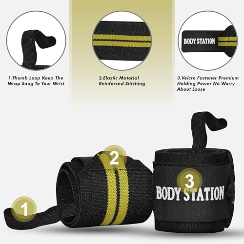 Image of Bodystation Pro Weightlifting Wrist Wraps with Thumb Loop | Adjustable Gym Wrist Support for Men & Women - Powerlifting, Crossfit, Strength Training & Pain Relief