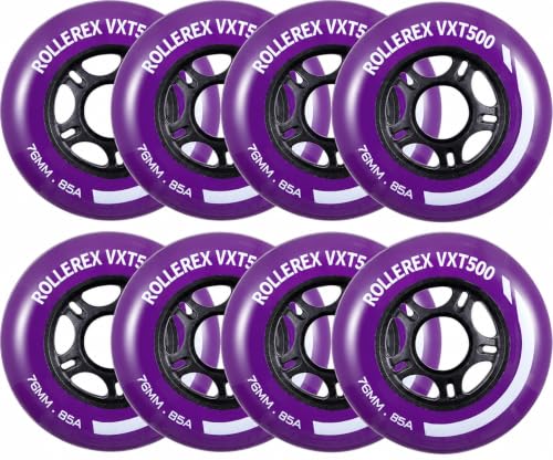 Image of Rollerex VXT500 Inline Skate Wheels 8-Pack - 85A Durable Roller Blade Wheels for Indoor & Outdoor Skating - Fits Standard 608 Bearings (Royal Purple, 76mm)