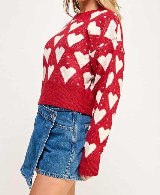 Image of Women Heart Print Sweaters Long Sleeve Crewneck Oversized Pullover Sweater Cute Love Pattern Knitted Jumper Tops