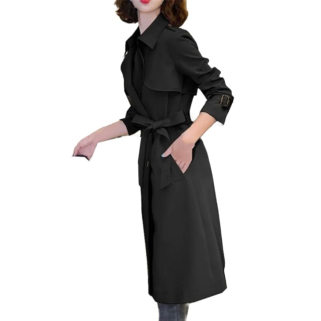 Womens Button Pockets Adjustable Waist Popular Double Breasted Belt Windbreaker Trench Coat