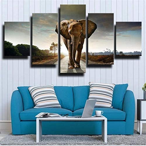 5 Pièces D'Art Mural Sur Toile Tableau Multi Panneau 5 Parties Animal Éléphant (Sans Cadre 100 X 50 Cm) Picture Pour Home Décor Imprimé Moderne...