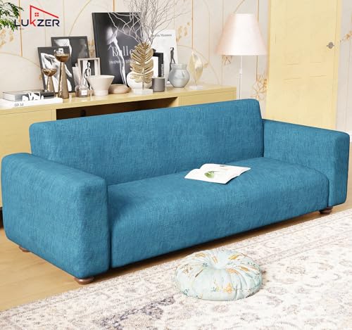 Image of Lukzer 3 Seater Blue Lining Design Universal Sofa Cover | 360 Fully Covered Anti-Slip Washable Couch Cover Protecter | 140 GSM Stretch Fit Polyester + Spandex Slipcover (180-230cm /SC-022-03)