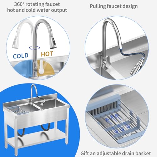 Image of 46.9Inch Stainless Steel Utility Sink 2-Compartment Commercial Sink with Pull-out Faucet, Free Standing Double Bowl Kitchen Sink for Restaurant, Garage, Shop, Cafe