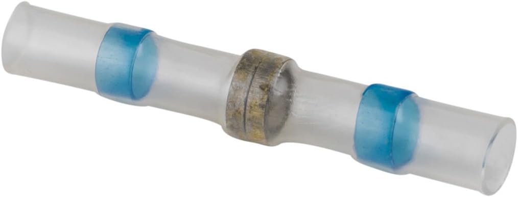 NTE Electronics 76-HISBC16 Tin Terminal Heat Shrink Insulated Butt Connector with Internal Fluxed Solder Ring, 16-14 AWG Wire Size, 1KV, Blue