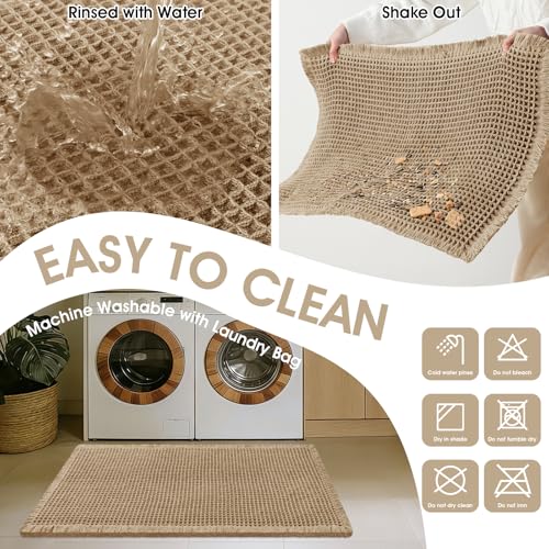 Waffle Bath Mat, Boho Woven Modern Bath Rug Absorbent Non Slip, Ultra Soft Bathroom Mats, Machine Washable Knit Bath Rugs with Bath Letter for Bathroom, Bedroom, Kitchen, Tub, 36"x24", Beige & White by IM HOME - Used condition - Image 5