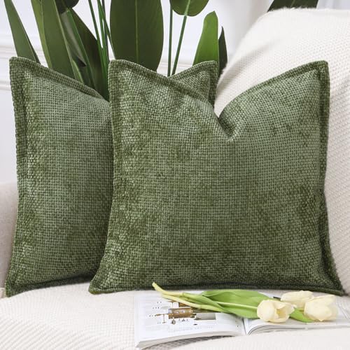 Image of MADIZZ Decorative Chenille Velvet Throw Pillow Covers Set of 2 Soft Boho Textured Neutral Couch Throw Pillow for Bed Modern Farmhouse Home Decor for Sofa Livingroom Moss Green 18x18 Inch