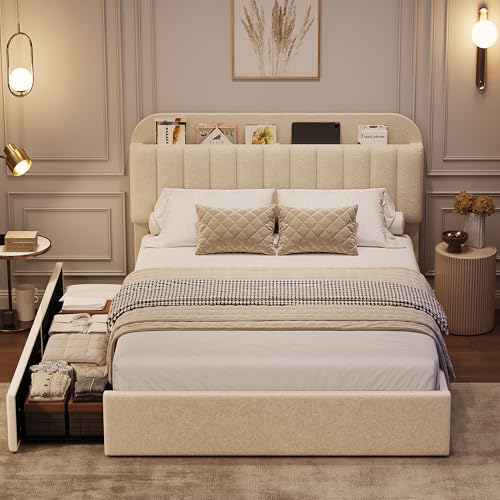 GarveeHome Full Bed Frame with Storage Headboard, Kids Bed Frame with 2 Drawers, Boucle Upholstered Platform Bed with Bookcase, No Box Spring Needed, Easy Assembly, Ivory White
