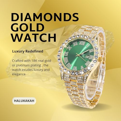 Image of Halukakah Diamonds Gold Watch Iced Out for Boy Teens Kids - 18K Real Gold /Platinum Plated,42mm Blue /Green /Red Dial,Japanese Quartz - 8 inch Length - Optional with Cuban Link Chain,with Watch Adjuster Tool