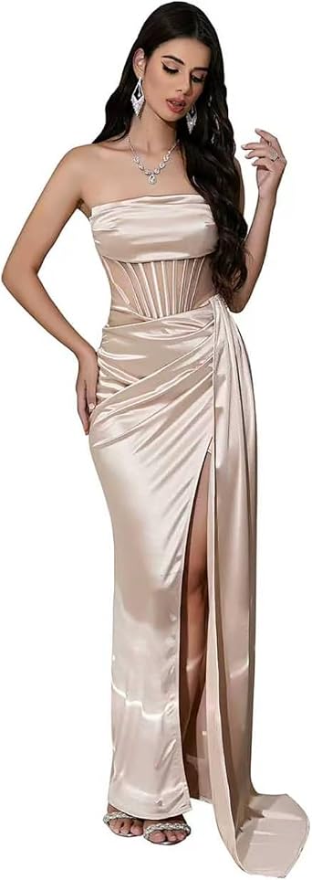 Womens Sexy Strapless Sleeveless Satin Prom Dresses Waist Side Flutter High Slit Womens Formal Dresses