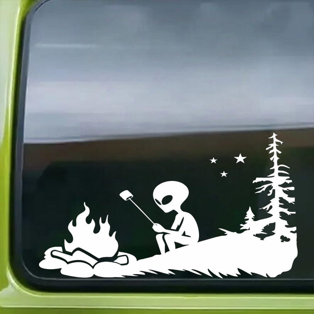 2-Pack Alien at Campfire Vinyl Car Decal, 7.09"x3.94", Interesting Alien Camping Sticker for Cars, Trucks, Motorcycles, Vans, Laptops, Window and Walls #2BZ466