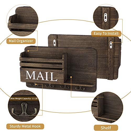 Firbon Mail Organizer with Key Holder, Wall Mount Rustic Wooden Mail Holder Sorter with 4 Double Key Hooks for Entryway, Living Room & Wall Decorative